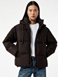 Uzun Kollu Cepli Fermuarlı Su İtici Kapüşonlu Anorak Şişme Mont