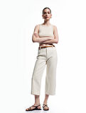 Kemer Detaylı Cepli Düğmeli Kısa Geniş Paça Pantolon - Crop Wide Leg Jean
