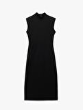 Scuba Krep Kumaş Slim Fit Dik Yaka Midi Boy Kolsuz Elbise