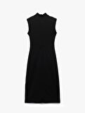 Scuba Krep Kumaş Slim Fit Dik Yaka Midi Boy Kolsuz Elbise