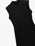 Scuba Krep Kumaş Slim Fit Dik Yaka Midi Boy Kolsuz Elbise