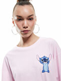 Stitch Lisanslı Kısa Kollu Bisiklet Yaka Pamuklu Arkası Baskılı Oversize Tişört