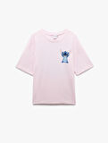 Stitch Lisanslı Kısa Kollu Bisiklet Yaka Pamuklu Arkası Baskılı Oversize Tişört