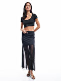 Slim Fit Standart Bel Transparan Tül Detaylı Uzun Etek