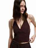 Viskon Halter Yaka Boyundan Bağlamalı Kolsuz Gipeli Crop Bluz