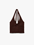 Viskon Halter Yaka Boyundan Bağlamalı Kolsuz Gipeli Crop Bluz
