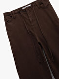 Beli Bağcıklı Pamuklu Düz Paça Cepli Pantolon - Loose Straight Fit Jeans