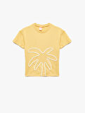 Palmiye Baskılı Bisiklet Yaka Kısa Kollu Pamuklu Tişört