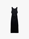 Slim Fit Kolsuz Bisiklet Yaka Drapeli Sırt Detaylı Midi Elbise