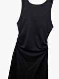 Slim Fit Kolsuz Bisiklet Yaka Drapeli Sırt Detaylı Midi Elbise