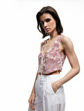 Koton X Melis Ağazat - Slim Fit Pamuklu Önden Bağlama Detaylı Fiyonklu Çiçekli Kroşe Crop Yelek