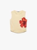 Pamuklu Slim Fit Bisiklet Yaka Hibiskus Çiçek Desenli Kolsuz Bluz