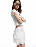 Yüksek Bel Katlı Volanlı Astarlı Jakarlı Mini Etek