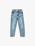 Cep Detaylı Yıpratılmış Detaylı Mom Fit Pamuklu Denim Pantolon