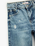 Cep Detaylı Yıpratılmış Detaylı Mom Fit Pamuklu Denim Pantolon