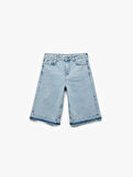 Pamuklu Pis Paça Düğmeli Cepli Denim Bermuda Şort