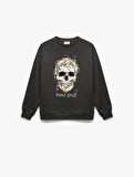 Pamuklu Uzun Kollu Bisiklet Yaka Baskılı Şardonlu Sweatshirt