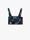 Pamuklu Poplin Kumaş Slim Fit Kare Yaka Askılı Kiraz Baskılı Çiçekli Crop Büstiyer