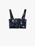 Pamuklu Poplin Kumaş Slim Fit Kare Yaka Askılı Kiraz Baskılı Çiçekli Crop Büstiyer