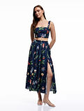 Pamuklu Poplin Kumaş Slim Fit Kare Yaka Askılı Kiraz Baskılı Çiçekli Crop Büstiyer