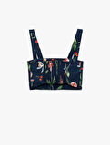 Pamuklu Poplin Kumaş Slim Fit Kare Yaka Askılı Kiraz Baskılı Çiçekli Crop Büstiyer