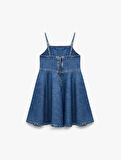 Pamuklu Pileli İnce Askılı Denim Elbise
