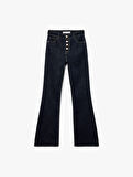 Yüksek Bel Düğme Detaylı Cepli Dar Kesim İspanyol Paça Jean Pantolon - Flare Jeans