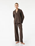 Rahat Kalıp Uzun Kollu Gömlek Yaka Saten Pijama Üstü