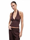 Bürümcük Kumaş Dokulu Slim Fit Sırt Dekolteli Halter Yaka Bluz