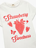 Çilek Baskılı Pamuklu Bisiklet Yaka Kısa Kollu Tişört