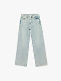 Normal Bel Geniş Paça Taş Detaylı Pamuklu Jean Pantolon - Wide Leg Jeans