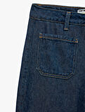 Normal Paça Düğmeli Yüksek Bel Pamuklu Geniş Paça Crop Jean Pantolon - Wide Leg Jeans