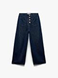 Normal Paça Düğmeli Yüksek Bel Pamuklu Geniş Paça Crop Jean Pantolon - Wide Leg Jeans