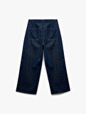 Normal Paça Düğmeli Yüksek Bel Pamuklu Geniş Paça Crop Jean Pantolon - Wide Leg Jeans