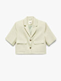 Cepli Düğmeli Kısa Kollu Astarlı Keten Crop Blazer Ceket