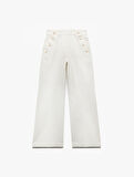 Yüksek Bel Pamuklu Rahat Kalıp Düğme Detaylı Geniş Paça Pantolon - Wide Leg Jean