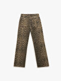 Pamuklu Taş Detaylı Düğmeli Cepli Leopar Desenli Jean Pantolon - Longer Straight Jean