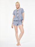 Bağlama Detaylı Rahat Kalıp Kısa Kollu Pijama Üstü