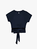 Slim Fit Kısa Kollu Bağlama Detaylı Crop Spor Tişört