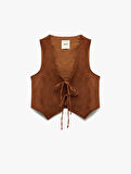 Slim Fit Önden Bağlama Detaylı Fiyonklu Suni Süet Crop Yelek
