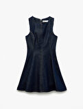 Pamuklu Kolsuz Bisiklet Yaka Mini Denim Elbise