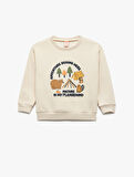 Uzun Kollu Şardonlu Bisiklet Yaka Baskılı Sweatshirt