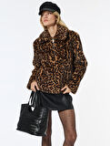 Suni Kürk Mont Leopar Desenli Crop Cepli Fermuarlı