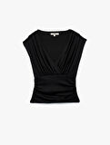 Slim Fit Drapeli Kruvaze Kolsuz Bluz