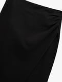 Keten Karışımlı Drape Detaylı Yırtmaçlı Asimetrik Midi Kruvaze Etek