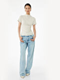 Slim Fit Büzgülü Kısa Kollu Dik Yaka Bluz
