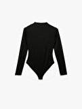 Slim Fit Hafif Dik Yaka Drape Detaylı Uzun Kollu Bodysuit