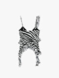 Zebra Desenli Asimetrik Kesim İnce Askılı Tül Fırfırlı Bluz