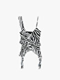 Zebra Desenli Asimetrik Kesim İnce Askılı Tül Fırfırlı Bluz