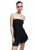 Slim Fit Tül Etek Ucu Detaylı Taşlı Straplez Mini Elbise